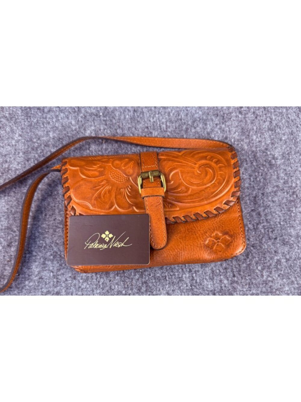 Patricia Nash Torri Crossbody Bag Tan Brown Burnished Tooled Leather Floral Boho